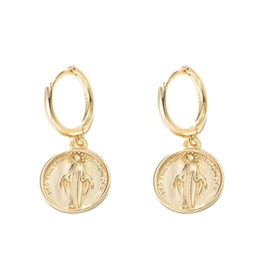 Vintage gold S925 sterling silver Virgin Mary coin drop earrings with religious medallions
