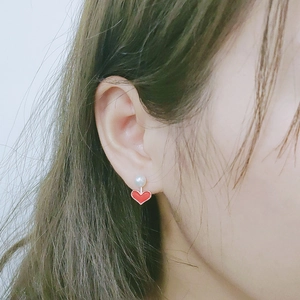 Cute S925 silver heart and pearl drop earrings for women with red enamel finish