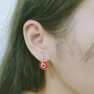 Elegant S925 silver gold-plated red enamel circle earrings with pavé zircon stones