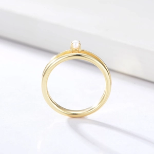 Minimalist double-layer 925 sterling silver pearl ring with elegant gold finish plating