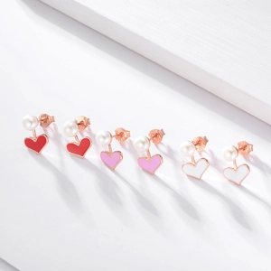 Heart Artificial Pearl Stud Earrings With 925 Sterling Silver Earring Post Enamel Drip Glue Sweet Korean Style For Women Girls