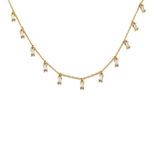 Minimalist gold necklace with ten baguette-cut clear zircon stones on a fine chain link
