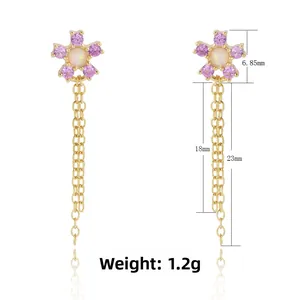 Detailed view of S925 silver flower tassel earrings with pink zircon and white opal