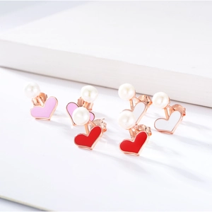 S925 silver heart stud earrings with enamel and pearls in red pink and white colors