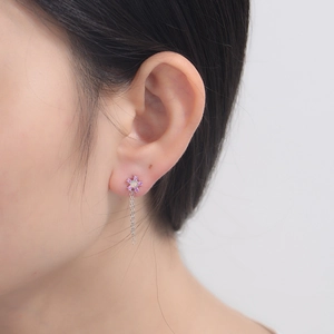 S925 silver flower tassel earrings with pink zircons and iridescent opal center stone