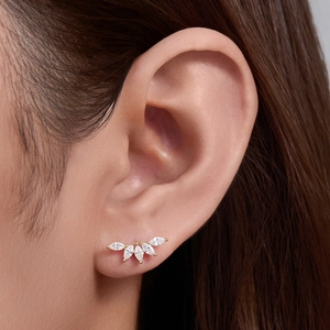 Elegant s925 silver fan-shaped stud earrings with marquise-cut zircon on model