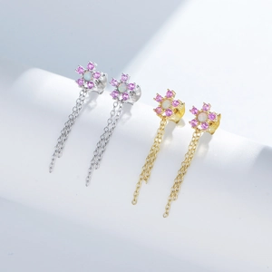 Elegant S925 silver flower tassel earrings with pink zircon and opal in gold and silver