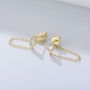 Detailed view of S925 hallmark on gold-plated teardrop zircon earrings with chain