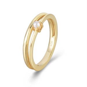 Double-layered 925 silver gold ring with pearl inlay, elegant minimalist style for women