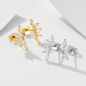 Elegant S925 silver fan-shaped marquise zircon stud earrings in gold and silver set