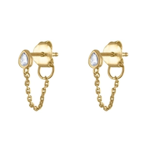S925 silver teardrop zircon earrings with gold plating and drop chain back hang