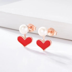 S925 sterling silver red heart enamel and pearl stud earrings with rose gold finish