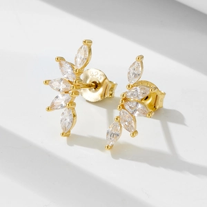 925 Sterling Silver Flower Petal Stud Earrings For Women Marquise Rhinestone Inlaid Fan Shape Minimalist Fashion Jewelry