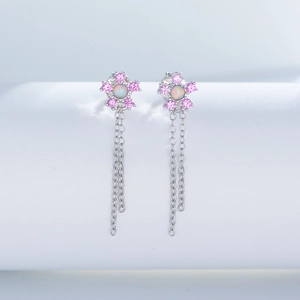 S925 silver flower tassel earrings with pink zircons and iridescent opal stone accents