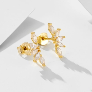 S925 silver gold plated fan shaped stud earrings with marquise cubic zirconia stones
