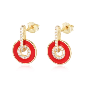 Detail view of S925 sterling silver stamp on red enamel and zircon hoop earrings