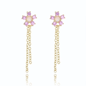 S925 silver flower tassel drop earrings with pink zircons and opal stone inlays