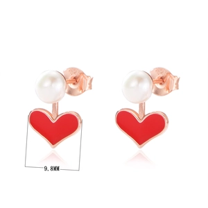 S925 silver stud earrings with red heart enamel, white pearl and rose gold finish