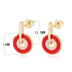 S925 silver gold-plated red enamel earrings with cubic zirconia interlocking rings