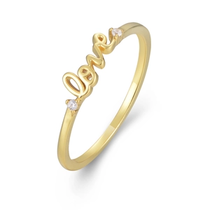 Anello Love dorato in argento s925 con zirconi scintillanti su sfondo bianco