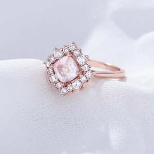 925 Sterling Silver Rose Gold Ring featuring Cushion Cut Pink Quartz and Diamond Halo
