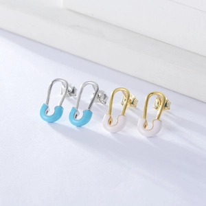 Detail view of S925 sterling silver paperclip earrings with colorful enamel dripping