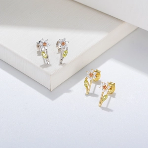 Elegant S925 sterling silver flower stud earrings with vibrant zircon stones in gold and silver