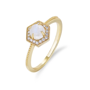 Gold moonstone ring with hexagonal halo and beaded sterling silver band design
