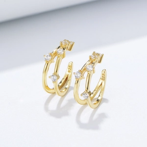 Orecchini a Cerchio in Argento Sterling 925 Geometrici a Doppio Strato Senza Buco per Donna Gioielli Minimalisti con Strass