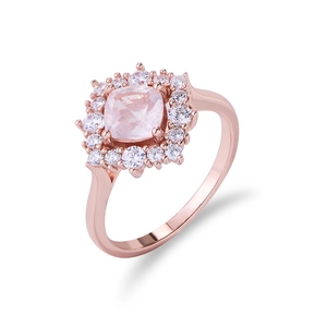 925 silver rose gold ring with cushion-cut pink crystal and sparkling accent stones