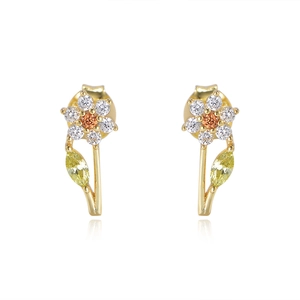 Elegant S925 silver gold-plated flower studs with orange zircon and white petals