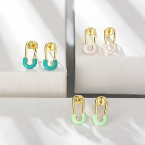 Minimalist S925 sterling silver gold-plated safety pin earrings with colorful enamel
