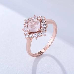 925 Sterling Silver Natural Pink Crystal Ring Rose Gold Plated Cushion Cut Rhinestone Halo Ring For Women Fashion Jewelry