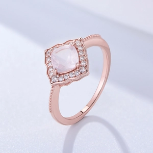 925 Sterling Silver Rose Gold Plated Square Pink Artificial Rose Quartz Ring For Women Rhinestone Halo Geometric Hand Jewelry