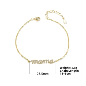 Detail of s925 gold-plated mama bracelet with micro-pave cubic zirconia and 925 stamp