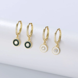 S925 sterling silver gold-plated C-shape hoop earrings with black and white enamel charms