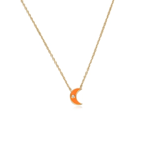 Minimalist S925 silver moon pendant necklace with orange enamel and zircon in gold finish