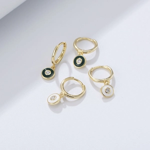 925 Sterling Silver Enamel Rhinestone Round Hoop Earrings For Women C-Shaped Drip Oil Geometric Dangle Earrings Jewelry Gift