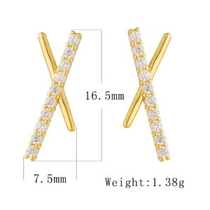 Detail view of gold X-shaped crisscross stud earrings with dimensions and weight info
