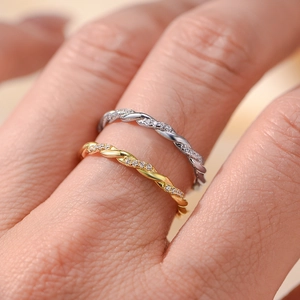 S925 sterling silver twisted rope ring set with micro-pave cubic zirconia accents