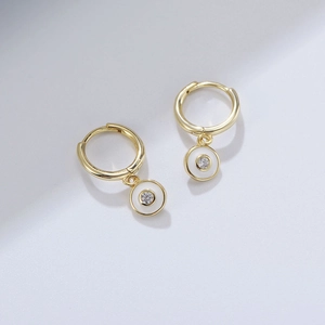 Polished S925 sterling silver C-shape hoop earrings with white enamel and sparkling zircon