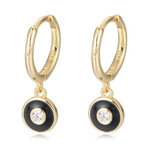 S925 sterling silver C-shaped gold hoop earrings with black enamel and white zircon
