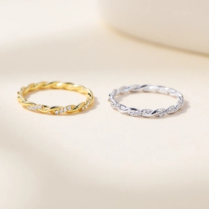 Minimalist S925 sterling silver twisted rope rings with pave diamonds in gold and silver