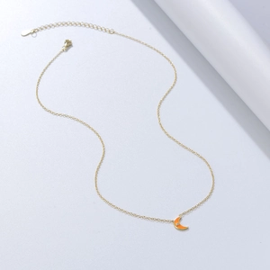 S925 sterling silver crescent moon necklace with orange enamel and white zircon stone