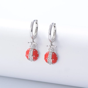 S925 Sterlingsilber Süße Rote Emaille Marienkäfer Hoop Ohrringe Für Damen Strass Tier Insekt Hänger Schmuck Zubehör