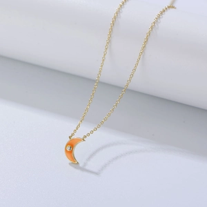 Minimalist s925 silver moon pendant necklace with orange enamel and zircon stone