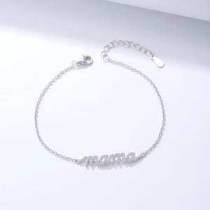 S925 sterling silver MAMA letter bracelet with cubic zirconia in a studio shot