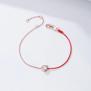 S925 sterling silver heart zircon red rope bracelet with rose gold chain and lobster clasp