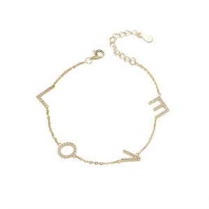 Gold S925 sterling silver LOVE letter bracelet with shimmering cubic zirconia accents