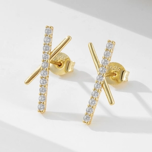 S925 Sterling Silver Geometric Cross X Stud Earrings For Women Shiny Rhinestone Inlaid Minimalist Fashion Jewelry Accessories Gift